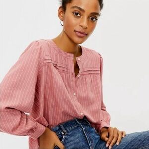LOFT Fall Striped Blouse Button Front Salmon Pink Teacher Casual Large